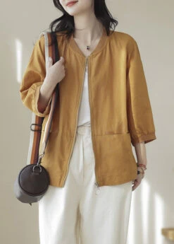 Plus Size Green Pockets Patchwork Linen Thin Coats Bracelet Sleeve LY7866