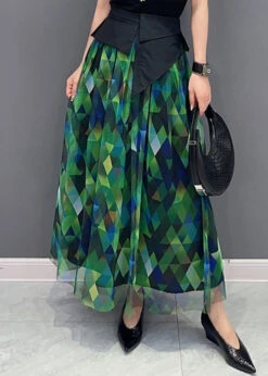Plus Size Green Print Patchwork High Waist Tulle Skirts LY4328