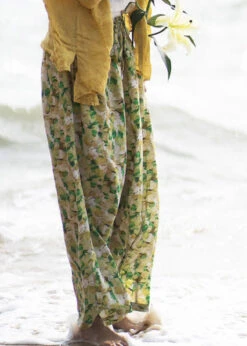 Plus Size Green Print Tie Waist Linen Wide Leg Pants Summer LY4648 -Ada Fashion Plus Size Green Print Tie Waist Linen Wide Leg Pants Summer3