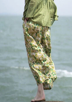 Plus Size Green Print Tie Waist Linen Wide Leg Pants Summer LY4648 -Ada Fashion Plus Size Green Print Tie Waist Linen Wide Leg Pants Summer4