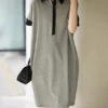 Plus Size Grey Peter Pan Collar Button Patchwork Cotton Dress Summer LY9706