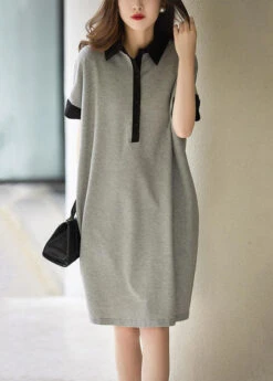Plus Size Grey Peter Pan Collar Button Patchwork Cotton Dress Summer LY9706