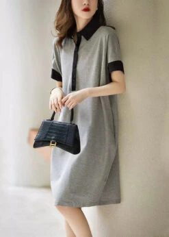 Plus Size Grey Peter Pan Collar Button Patchwork Cotton Dress Summer LY9706 -Ada Fashion Plus Size Grey Peter Pan Collar Button Patchwork Cotton Dress Summer3