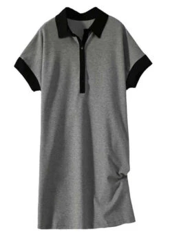 Plus Size Grey Peter Pan Collar Button Patchwork Cotton Dress Summer LY9706 -Ada Fashion Plus Size Grey Peter Pan Collar Button Patchwork Cotton Dress Summer5