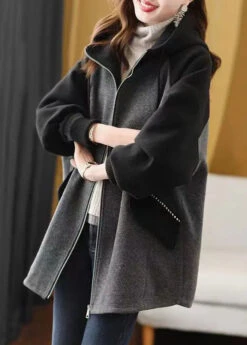 Plus Size Grey Zip Up Pockets Patchwork Fine Cotton Filled Hooded Coat Fall LY8335