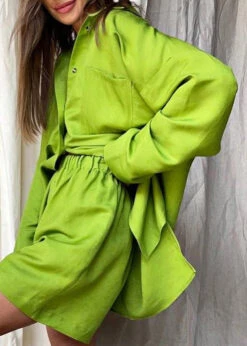 Plus Size Khaki Peter Pan Collar Shirt And Shorts Two Piece Set Spring LY1942 -Ada Fashion Plus Size Khaki Peter Pan Collar Shirt And Shorts Two Piece Set Spring3