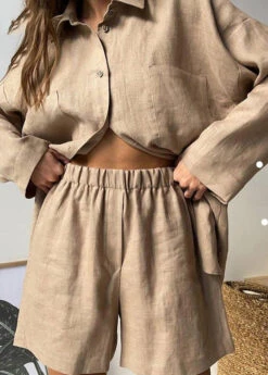 Plus Size Khaki Peter Pan Collar Shirt And Shorts Two Piece Set Spring LY1942 -Ada Fashion Plus Size Khaki Peter Pan Collar Shirt And Shorts Two Piece Set Spring4