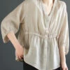 Plus Size Light Camel V Neck Button Linen Blouses Summer ML2351