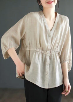 Plus Size Light Camel V Neck Button Linen Blouses Summer ML2351