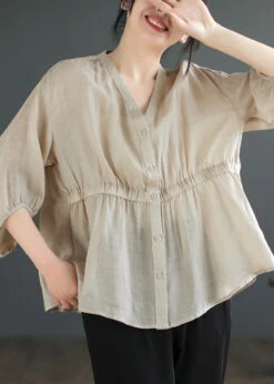 Plus Size Light Camel V Neck Button Linen Blouses Summer ML2351 -Ada Fashion Plus Size Light Camel V Neck Button Linen Blouses Summer3