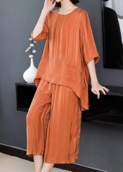 Plus Size Orange O-Neck Patchwork Silk Two Piece Set Women Clothing Summer TF1055
