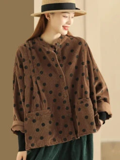 Croduroy Stand Collar Shirt Coat -Ada Fashion Plus Size Retro Dot Croduroy Stand Collar Shirt Coat Ada Fashion 178570168