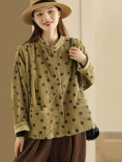 Croduroy Stand Collar Shirt Coat -Ada Fashion Plus Size Retro Dot Croduroy Stand Collar Shirt Coat Ada Fashion 178570275