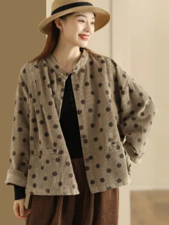 Croduroy Stand Collar Shirt Coat -Ada Fashion Plus Size Retro Dot Croduroy Stand Collar Shirt Coat Ada Fashion 178570371