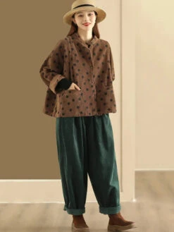 Croduroy Stand Collar Shirt Coat -Ada Fashion Plus Size Retro Dot Croduroy Stand Collar Shirt Coat Ada Fashion 178570492