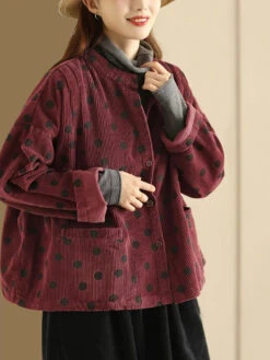 Croduroy Stand Collar Shirt Coat -Ada Fashion Plus Size Retro Dot Croduroy Stand Collar Shirt Coat Ada Fashion 178570769