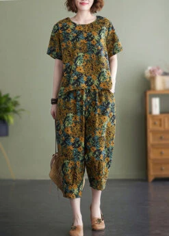 Plus Size Yellow O-Neck Print Cotton Two Piece Set Women Clothing Summer LY7319 -Ada Fashion Plus Size Yellow O Neck Print Cotton Two Piece Set Women Clothing Summer3