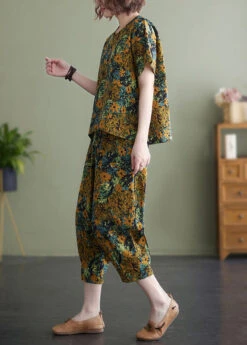 Plus Size Yellow O-Neck Print Cotton Two Piece Set Women Clothing Summer LY7319 -Ada Fashion Plus Size Yellow O Neck Print Cotton Two Piece Set Women Clothing Summer5