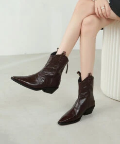 Ada Fashion -Ada Fashion Pointed Toe Italian Chunky Boots Coffee Sheepskin Ada Fashion 173735996