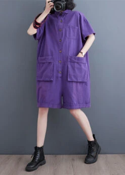 Purple Patchwork Denim Shorts Jumpsuits Peter Pan Collar Summer LY5632