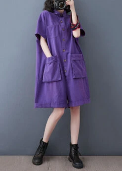 Purple Patchwork Denim Shorts Jumpsuits Peter Pan Collar Summer LY5632 -Ada Fashion Purple Patchwork Denim Shorts Jumpsuits Peter Pan Collar Summer3