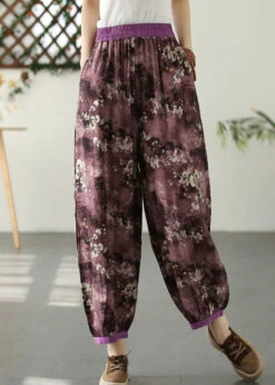 Purple Print Pockets Crop Beach Pants Summer LY7552