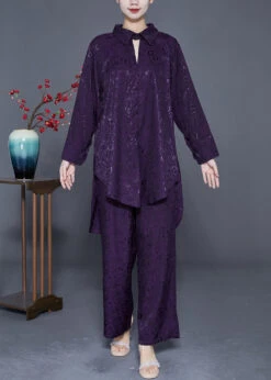 Purple Silk Two Piece Set Peter Pan Collar Low High Design Spring LY3623