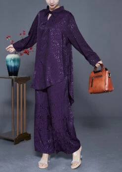 Purple Silk Two Piece Set Peter Pan Collar Low High Design Spring LY3623 -Ada Fashion Purple Silk Two Piece Set Peter Pan Collar Low High Design Spring3