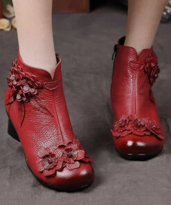 Red Chunky Cowhide Leather Comfy Floral Splicing Boots ML1698