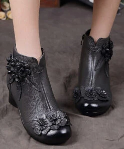 Ada Fashion -Ada Fashion Red Chunky Cowhide Leather Comfy Floral Splicing Boots2