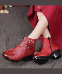 Red Chunky Cowhide Leather Comfy Floral Splicing Boots ML1698 -Ada Fashion Red Chunky Cowhide Leather Comfy Floral Splicing Boots3