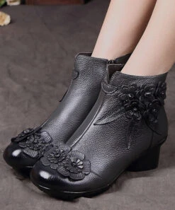 Red Chunky Cowhide Leather Comfy Floral Splicing Boots ML1698 -Ada Fashion Red Chunky Cowhide Leather Comfy Floral Splicing Boots4