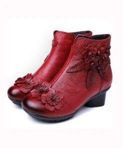 Red Chunky Cowhide Leather Comfy Floral Splicing Boots ML1698 -Ada Fashion Red Chunky Cowhide Leather Comfy Floral Splicing Boots5