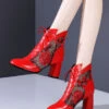 Red Lace Up Cowhide Leather Hollow Out Chunky Boots RT1076 -Ada Fashion Red Lace Up Cowhide Leather Hollow Out Chunky Boots1
