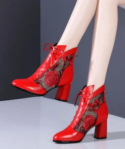 Red Lace Up Cowhide Leather Hollow Out Chunky Boots RT1076