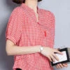 Red Plaid Chiffon Blouses Oversized Wrinkled Short Sleeve LY0471 -Ada Fashion Red Plaid Chiffon Blouses Oversized Wrinkled Short sleeve1