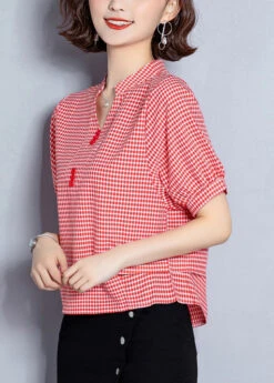 Red Plaid Chiffon Blouses Oversized Wrinkled Short Sleeve LY0471 -Ada Fashion Red Plaid Chiffon Blouses Oversized Wrinkled Short sleeve3