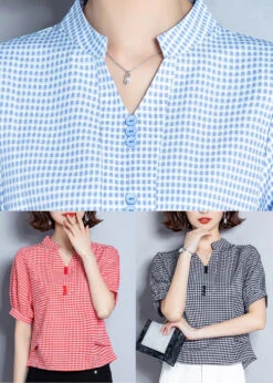 Red Plaid Chiffon Blouses Oversized Wrinkled Short Sleeve LY0471 -Ada Fashion Red Plaid Chiffon Blouses Oversized Wrinkled Short sleeve5