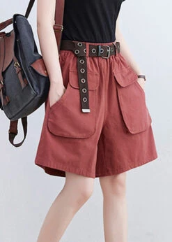 Red Pockets Elastic Waist Wide Leg Shorts LY6029
