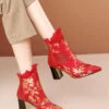 Red Zippered Cowhide Leather Embroidered Chunky Boots RT1080 -Ada Fashion Red Zippered Cowhide Leather Embroidered Chunky Boots1
