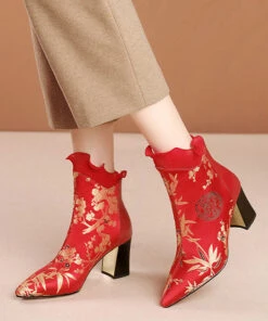 Red Zippered Cowhide Leather Embroidered Chunky Boots RT1080 -Ada Fashion Red Zippered Cowhide Leather Embroidered Chunky Boots3