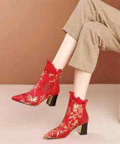 Red Zippered Cowhide Leather Embroidered Chunky Boots RT1080 -Ada Fashion Red Zippered Cowhide Leather Embroidered Chunky Boots4