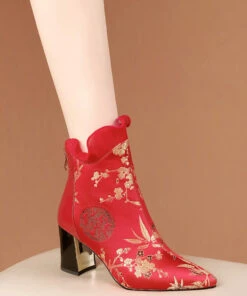 Red Zippered Cowhide Leather Embroidered Chunky Boots RT1080 -Ada Fashion Red Zippered Cowhide Leather Embroidered Chunky Boots5