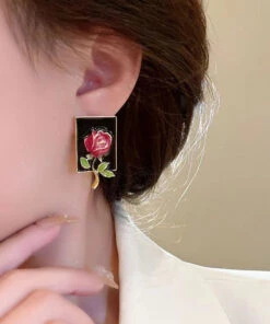 Regular Gold Sterling Silver Overgild Rose Drip Glaze Stud Earring KX1049 -Ada Fashion Regular Gold Sterling Silver Overgild Rose Drip glaze Stud Earring4