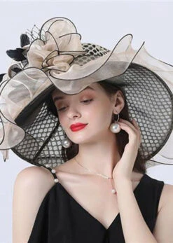 Retro Apricot Floral Decoration Mesh Tulle Floppy Sun Hat LC0468 -Ada Fashion Retro Apricot Floral Decoration Mesh Tulle Floppy Sun Hat4