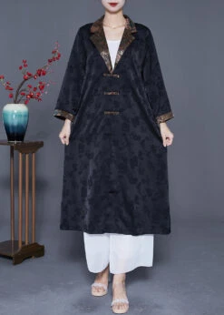 Retro Black Notched Patchwork Chinese Button Silk Trench Coats Spring LY5391