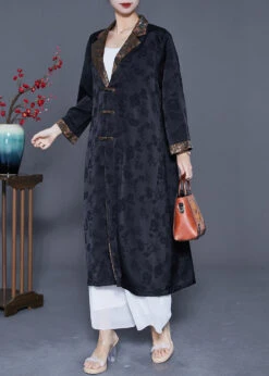 Retro Black Notched Patchwork Chinese Button Silk Trench Coats Spring LY5391 -Ada Fashion Retro Black Notched Patchwork Chinese Button Silk Trench Coats Spring3