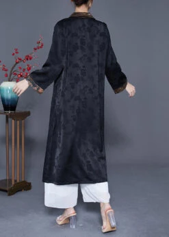 Retro Black Notched Patchwork Chinese Button Silk Trench Coats Spring LY5391 -Ada Fashion Retro Black Notched Patchwork Chinese Button Silk Trench Coats Spring4