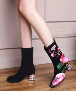 Retro Black Suede Chunky Boho Embroidery Boots CZ1022 -Ada Fashion Retro Black Suede Chunky Boho Embroidery Boots4