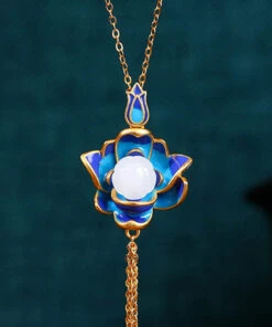 Retro Blue Ancient Gold Jade Lotus Flower Tassel Pendant Necklace KX1071 -Ada Fashion Retro Blue Ancient Gold Jade Lotus Flower Tassel Pendant Necklace3
